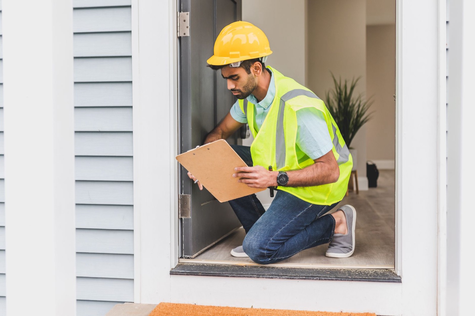 A home inspector in a hard hat and safety vest checking a doorway with a clipboard