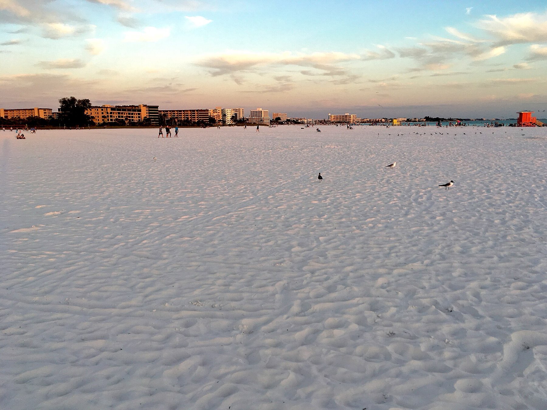 Wide expanse of white quartz sand at Siesta Beach at sunset